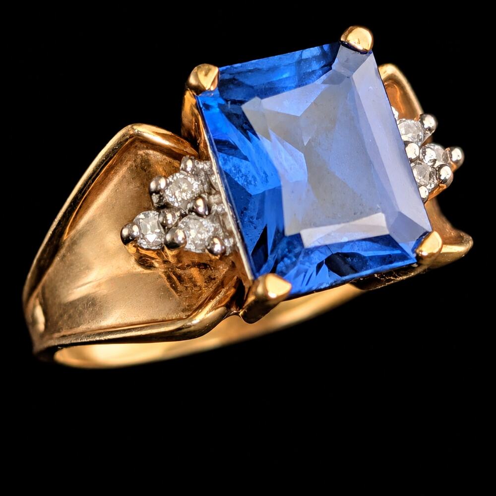 Vintage Lab Created Sapphire Diamonds 10k Yellow Gold Cocktail Ring
